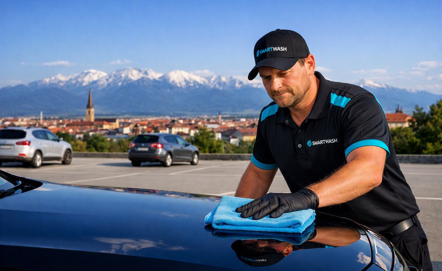 SmartWash attendant hand-washing a car, waterless